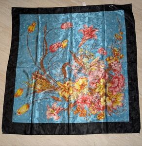 Women's Scarf 35" X 35" Blue Gold Pink Floral Square